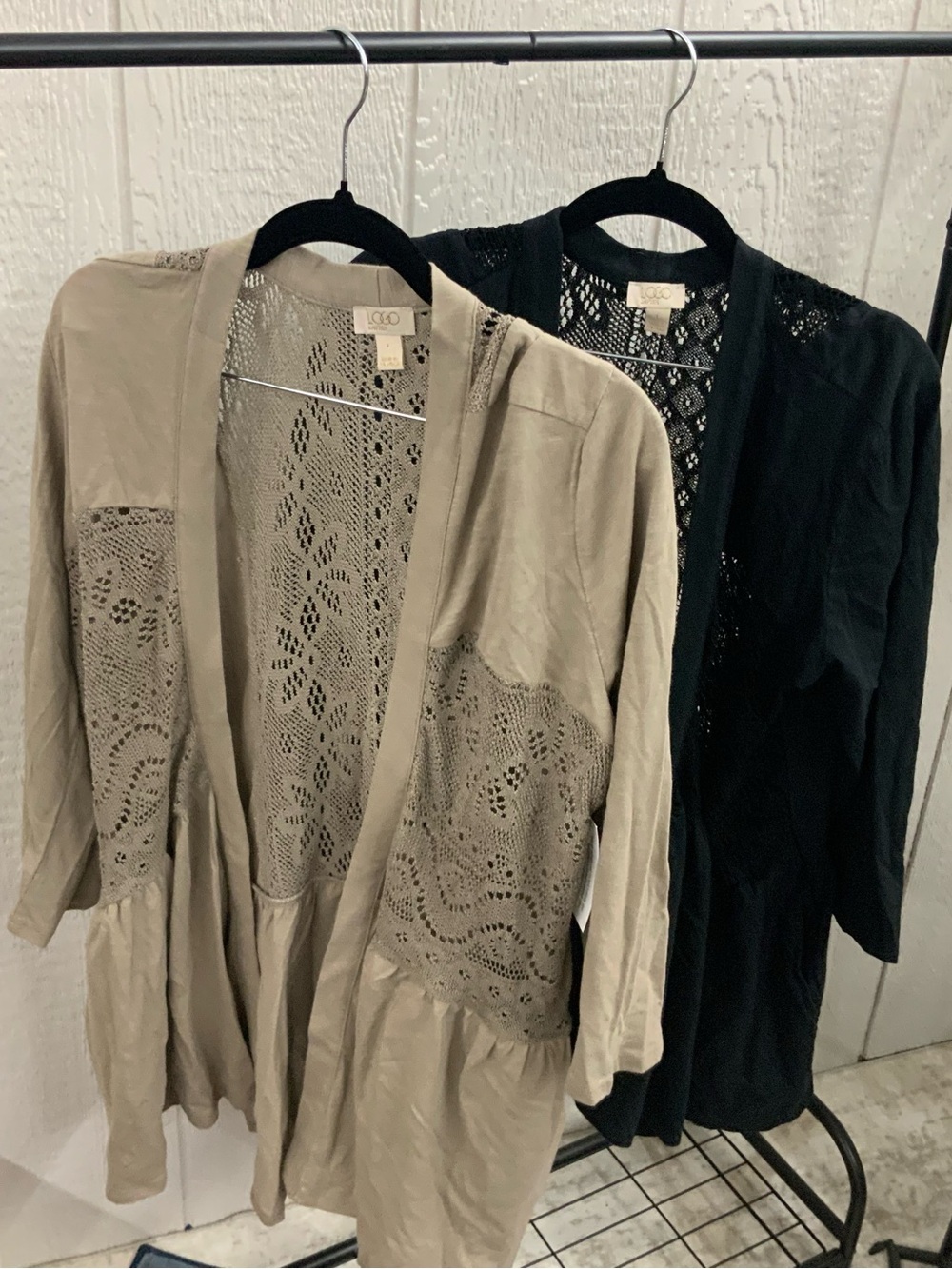 Lavish Crochet-Panel Open Cardigan in Black and Beige